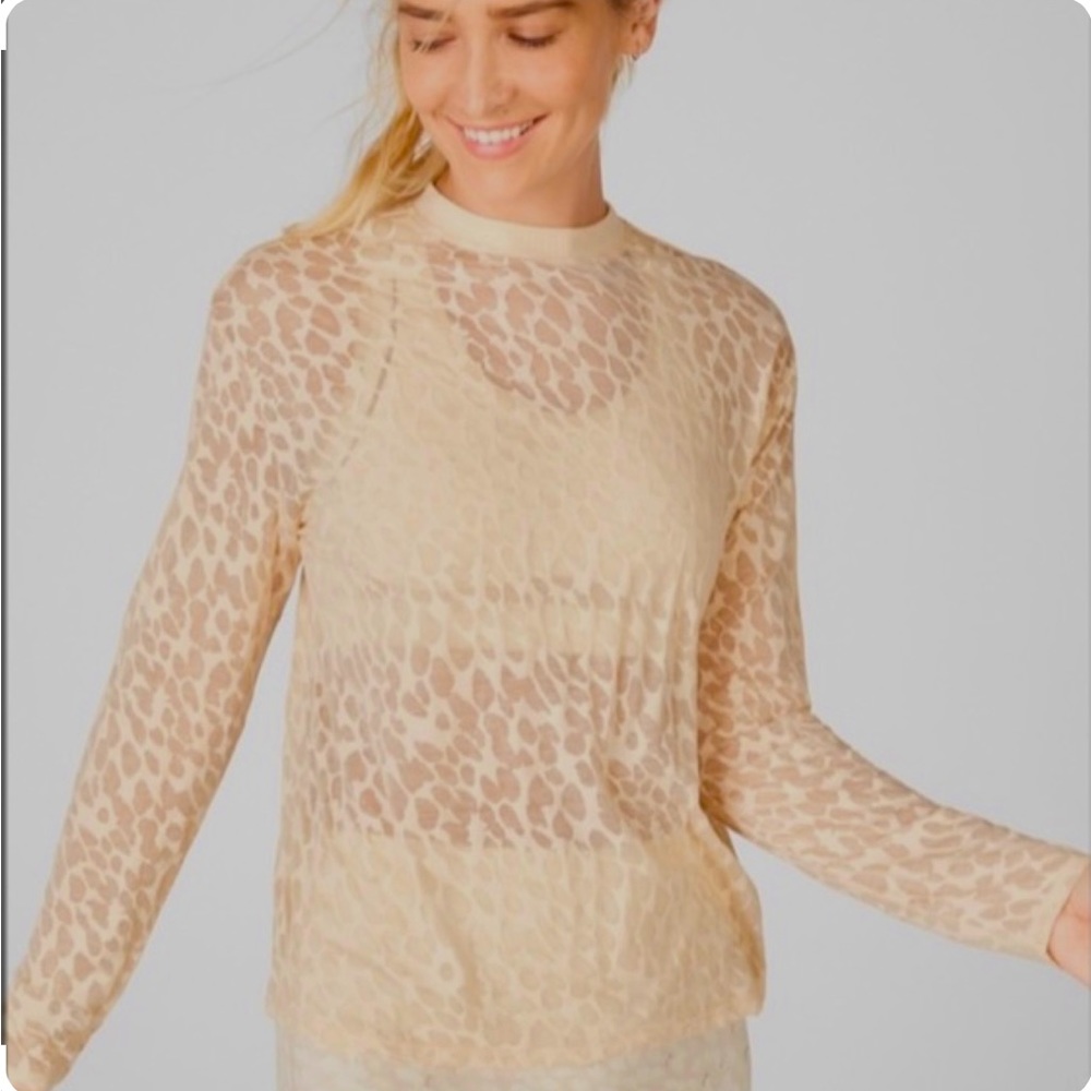NWOT Fabletics LS Shirt Athleisure Cream Leopard print Transparent 2X